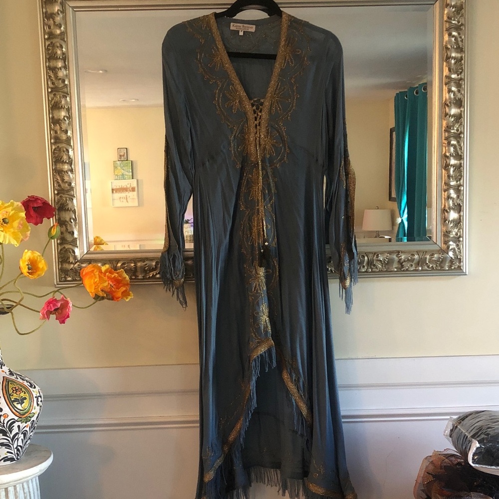Asymmetrical Blue Dress with Gold Accents